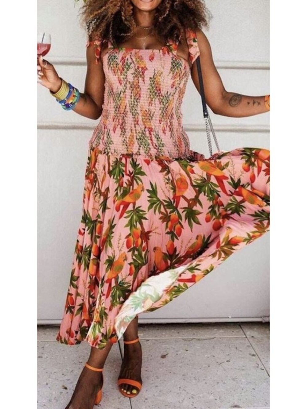 FARM RIO Mango Trees Smocked Bodice Midi Dress in Mango Trees Pink Size Small